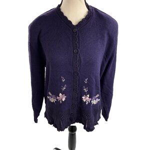 Southern Lady Cardigan Womens M Purple Button Front Floral Embroidered Sweater